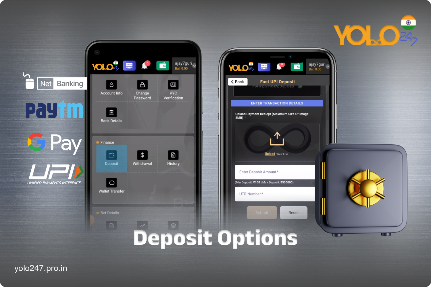 Indian Yolo247 users have access to several fast and reliable payment systems for making deposits into their gaming account