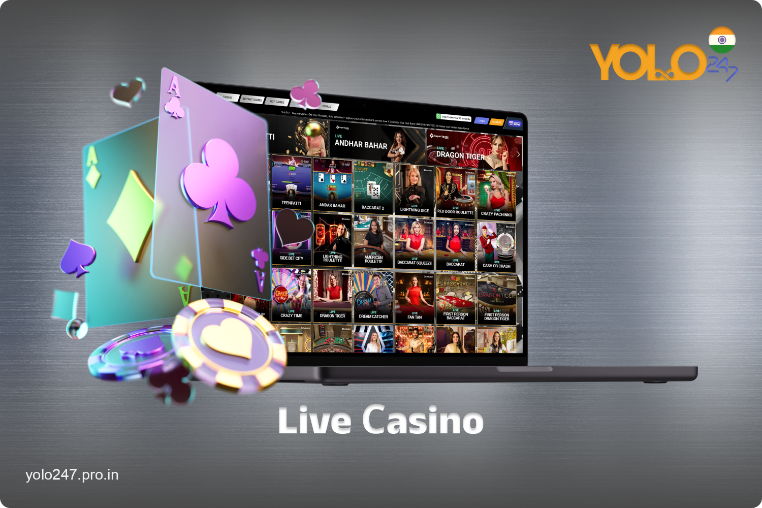 Yolo247 offers its Indian players over 100 games with real dealers in the Live Casino category for the best gaming experience
